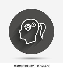 Head with gears sign icon. Female woman human head think symbol. Circle flat button with shadow. Vector