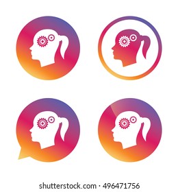 Head with gears sign icon. Female woman human head think symbol. Gradient buttons with flat icon. Speech bubble sign. Vector