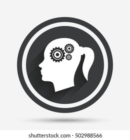 Head with gears sign icon. Female woman head.