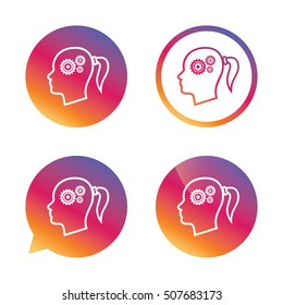Head with gears sign icon. Female woman head.