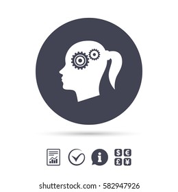 Head with gears sign icon. Female woman human head think symbol. Report document, information and check tick icons. Currency exchange. Vector