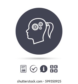 Head with gears sign icon. Female woman human head think symbol. Report document, information and check tick icons. Currency exchange. Vector