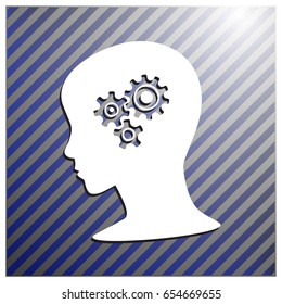 Head with gears sign icon. Female woman human head think symbol. Report document, information and check tick icons.