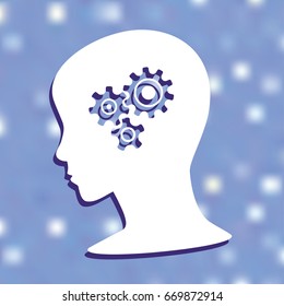 Head with gears sign icon. Female woman human head think symbol. Report document, information and check tick icons.