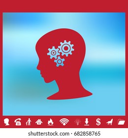 Head with gears sign icon. Female woman human head think symbol. Report document, information and check tick icons.