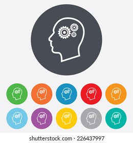 Head with gears sign icon. Male human head symbol. Round colourful 11 buttons. Vector