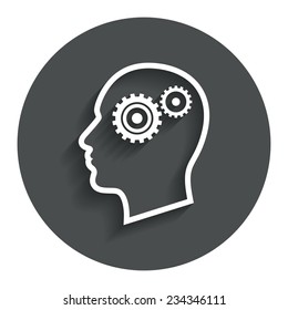 Head with gears sign icon. Male human head symbol. Gray flat button with shadow. Modern UI website navigation. Vector