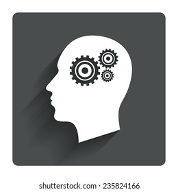 Head with gears sign icon. Male human head symbol. Gray flat square button with shadow. Modern UI website navigation. Vector