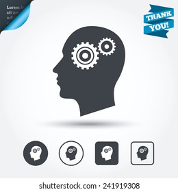 Head with gears sign icon. Male human head symbol. Circle and square buttons. Flat design set. Thank you ribbon. Vector