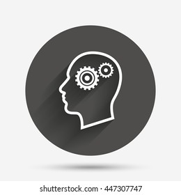 Head with gears sign icon. Male human head symbol. Circle flat button with shadow. Vector