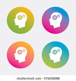 Head with gears sign icon. Male human head symbol. Gradient flat buttons with icon. Modern design. Vector
