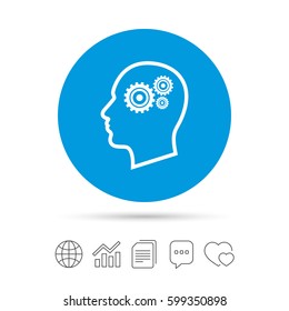 Head with gears sign icon. Male human head symbol. Copy files, chat speech bubble and chart web icons. Vector