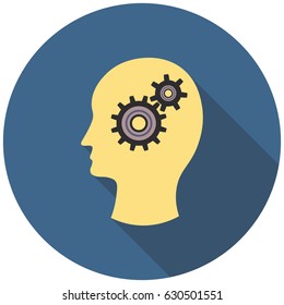 Head with gears. think. Icon. flat design. Vector illustration.