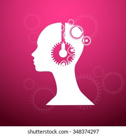 head with gears, vector illustration on a pink background