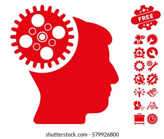 Head Gearwheel icon with bonus setup tools pictures. Vector illustration style is flat iconic red symbols on white background.