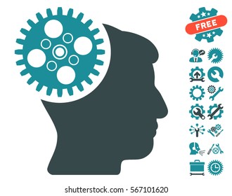 Head Gearwheel pictograph with bonus configuration clip art. Vector illustration style is flat iconic soft blue symbols on white background.