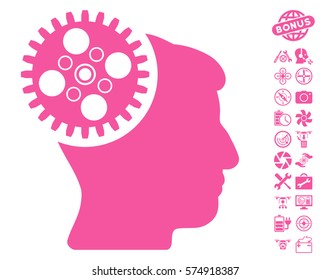 Head Gearwheel pictograph with bonus drone service images. Vector illustration style is flat iconic symbols on white background.