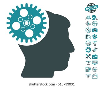 Head Gearwheel pictograph with bonus flying drone tools clip art. Vector illustration style is flat iconic symbols on white background.