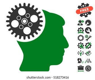 Head Gearwheel pictograph with bonus options pictograms. Vector illustration style is flat iconic green and gray symbols on white background.