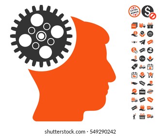 Head Gearwheel pictograph with free bonus clip art. Vector illustration style is flat iconic symbols, orange and gray colors, white background.