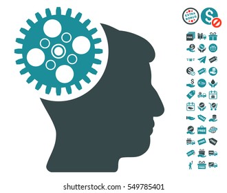 Head Gearwheel pictograph with free bonus images. Vector illustration style is flat iconic symbols, soft blue colors, white background.