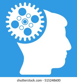 Head Gearwheel vector icon. Style is flat graphic symbol, white color, blue background.
