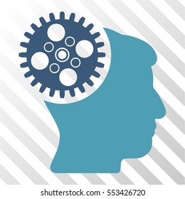 Head Gearwheel vector pictogram. Illustration style is flat iconic bicolor cyan and blue symbol on a hatched transparent background.