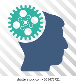 Head Gearwheel vector pictogram. Illustration style is flat iconic bicolor cobalt and cyan symbol on a hatched transparent background.