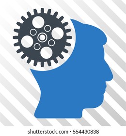 Head Gearwheel vector pictogram. Illustration style is flat iconic bicolor smooth blue symbol on a hatched transparent background.