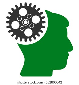 Head Gearwheel vector pictogram. Style is flat graphic bicolor symbol, green and gray colors, white background.