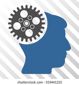 Head Gearwheel vector pictograph. Illustration style is flat iconic bicolor cobalt and gray symbol on a hatched transparent background.