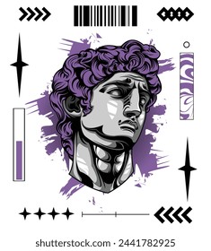 head geek statue with purple hair brutalism style design poster