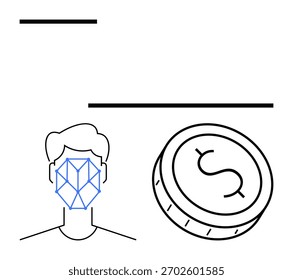 Head with geometric facial recognition lines next to large coin with dollar sign. Ideal for finance, security, technology, AI, biometrics, digital identity, and cybersecurity themes. Line metaphor
