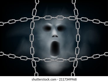 The Head Of The Ghost Behind A Grid Of Chains, A Realistic Illustration. Vector