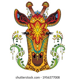 Head of giraffe with doodle and zentangle elements. Abstract vector colorful illustration isolated on white background. For design, print, decor, tattoo, t-shirt, puzzle, poster, porcelain and sticker