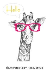 The head of a giraffe hipster. Giraffe in hipster glasses. Hand-drawn sketch of a giraffe. Giraffe from the front. The word "hello"