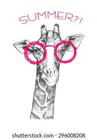 The head of a giraffe hipster. Giraffe in pink round glasses. Hand-drawn sketch of a giraffe. Giraffe from the front. The word "summer ?!". Retro Fashion
