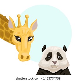 The head of the giraffe looks out from the side, the panda looks from below, funny animals are smiling, elements for the template and your text. Children's flyer on a white background.