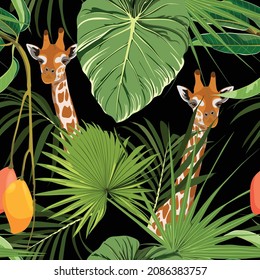 Head giraffe with tropical green leaves and fruits. Cartoon exotic seamless illustration repeating pattern on black background. Floral wallpaper.