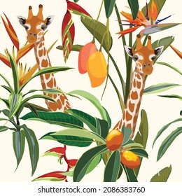 Head giraffe with tropical green leaves and fruits. Cartoon exotic seamless illustration repeating pattern on vintage light yellow background. Floral wallpaper.