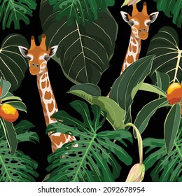 Head giraffe with tropical green leaves and fruits. Cartoon exotic seamless illustration repeating pattern on black background. Floral wallpaper.