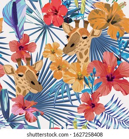 Head giraffe with tropical red yellow flowers and blue tropic leaves. Cartoon vector seamless illustration repeating pattern on white background. Abstract floral wallpaper