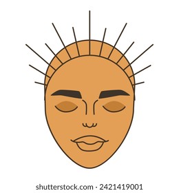 The head of a girl in a crown without hair. Closed eyes mask. A man's face, plump lips, dark skin. Flat vector illustration, vintage style