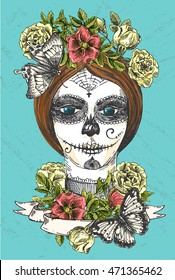 Head of  girl with day of the dead make up. Beautiful hand drawn vector  illustration. Ink painting. Design element useful for print for t-shirt, poster, posstcard 