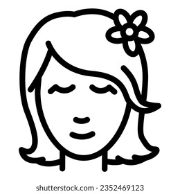 Head of girl with flower in hair line icon, Beauty concept, spa salon logo with woman portrait sign on white background, Beautiful woman wearing in hair in outline style. Vector.