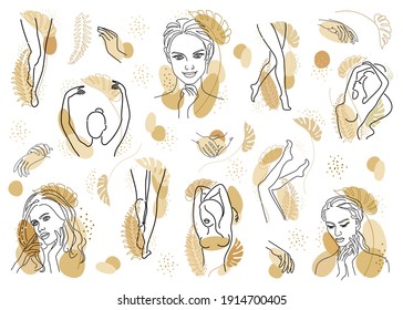 Head of a girl, hands of a lady, legs of a woman and leaves in a modern one line style. Continuous line drawing, contour for decor, wall posters, stickers. Floral logo vector illustration.