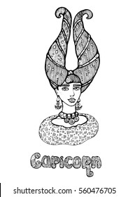 head of a girl with a high hairdo resembling the long horns, the symbol of the zodiac sign Capricorn. Black and white hand-drawn linear illustration for a horoscope