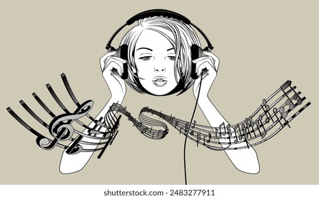 The head of a girl listening to music with headphones in her hands in front of serpentine wriggling musical notes. Drawing in vintage engraving black and white style. Vector illustration