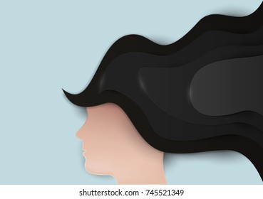 Head of girl with long black hair in paper cut trendy craft style. Modern fashion minimalistic vector background.