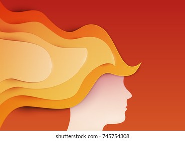 Head of girl with long red hair in paper cut trendy craft style. Modern fashion minimalistic vector background.